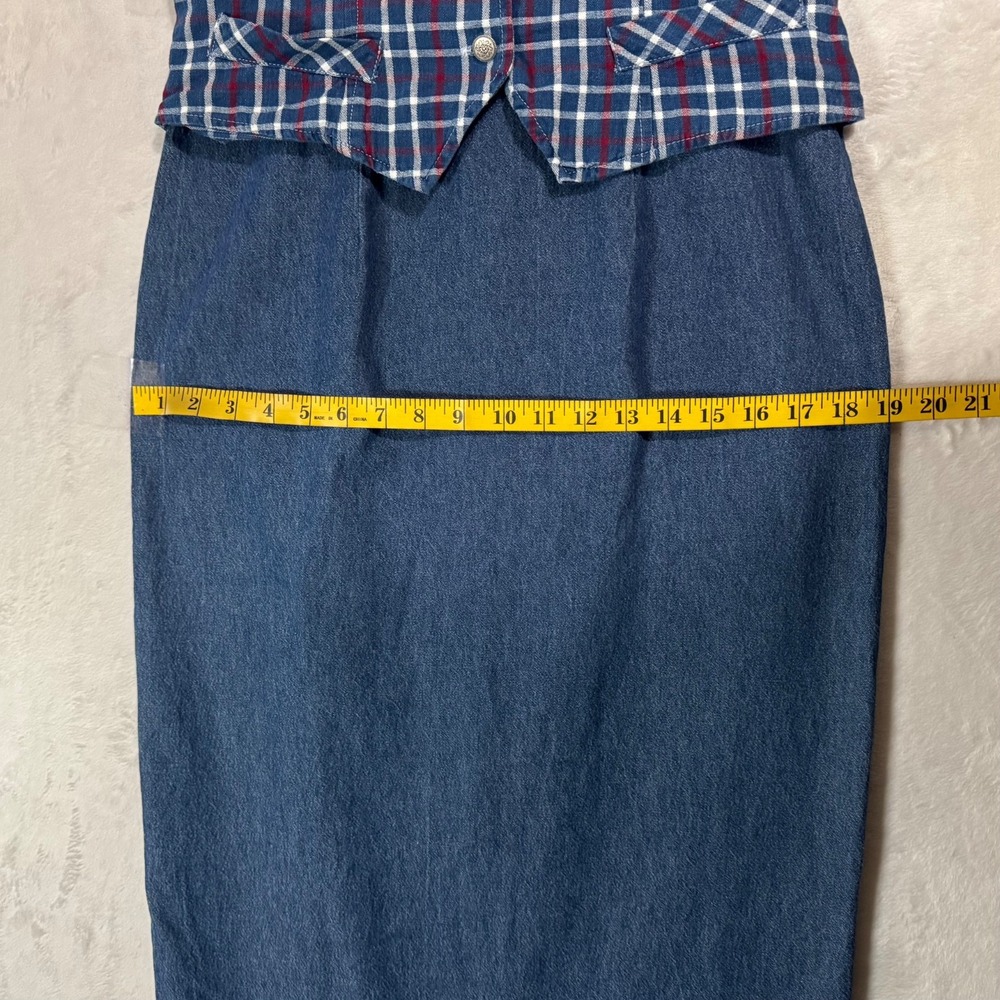 Vintage 90s Plaid Denim Midi Vest Dress Size S Jumper Cottage Teacher Ivy Preppy - Picture 12 of 15